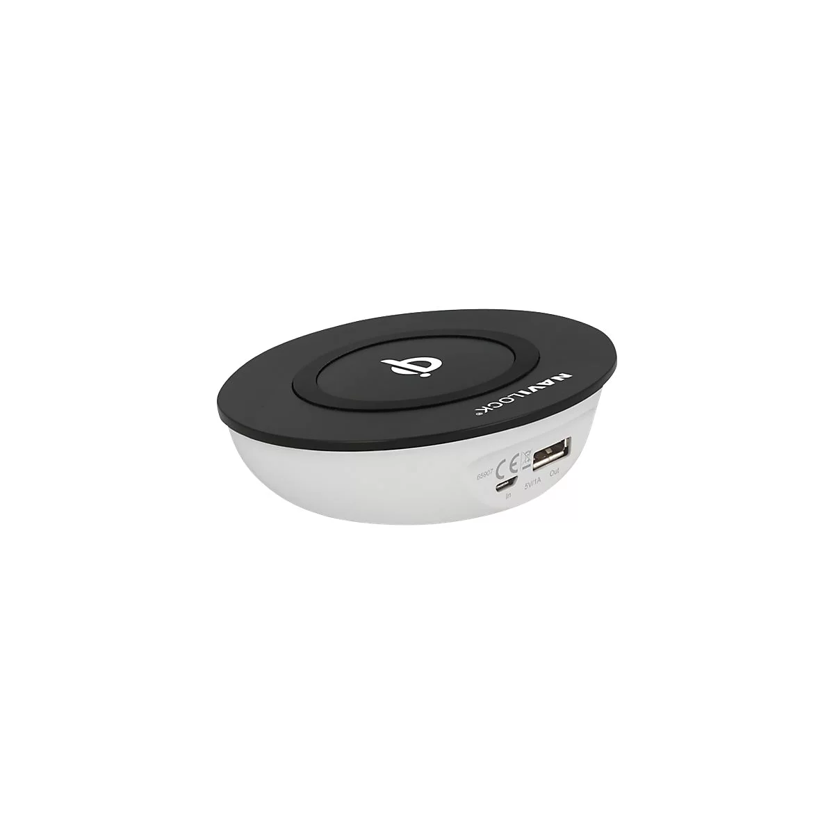 Runde, schwarz-weiße Navilock Qi-Ladestation mit USB-Anschlüssen vor weißem Hintergrund.