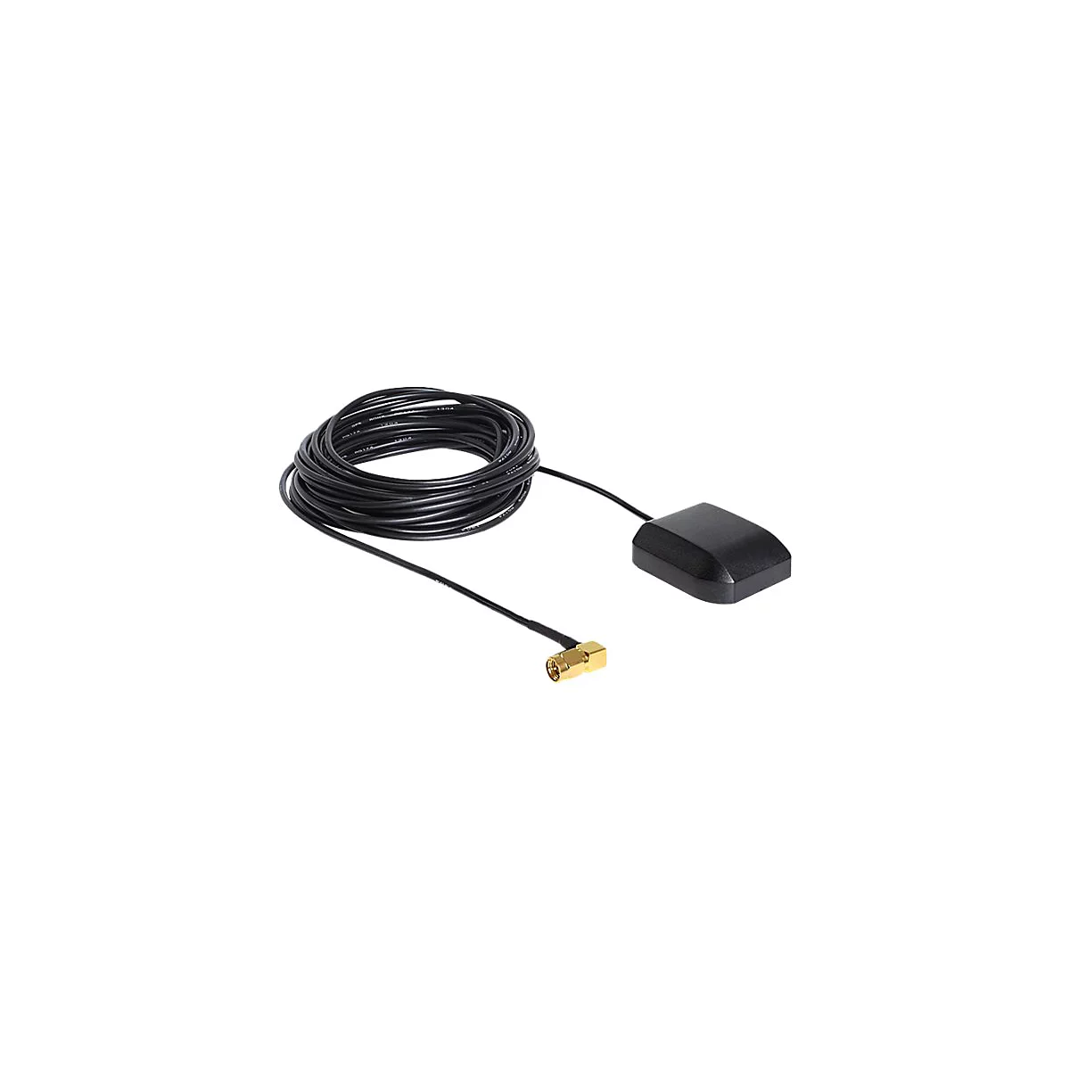 Schwarze GPS-Antenne mit Kabel und goldenem SMA-Winkelstecker vor weißem Hintergrund.