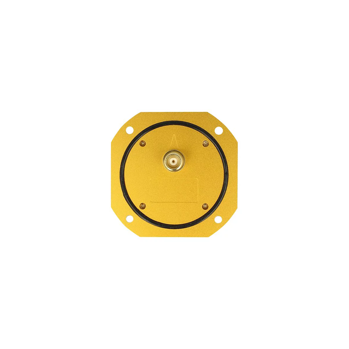Goldene, quadratische Montageplatte mit einem zentralen Antennenanschluss und schwarzem Dichtungsring.