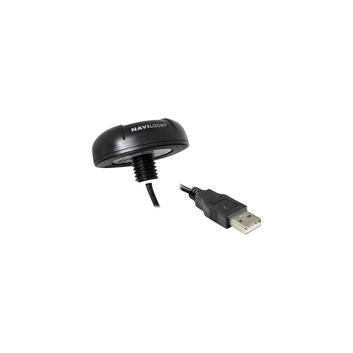 Schwarzes Navilock-Gerät mit USB-Kabel. Aufschrift: NAVILOCK®. Gerät mit Schraubgewinde und Kabel.