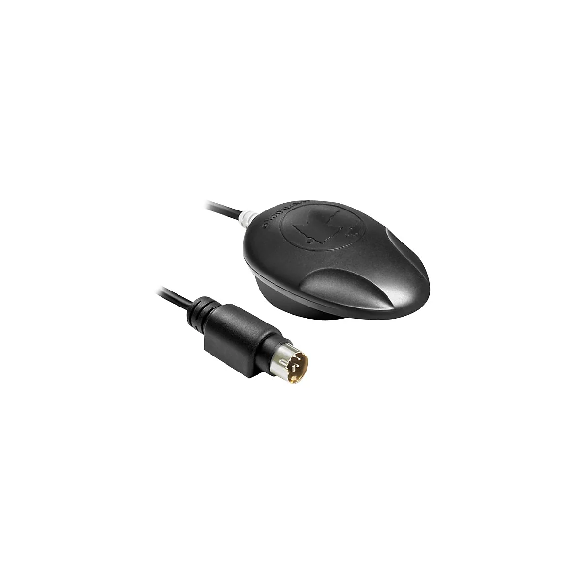 Schwarzes GPS-Modul mit Kabel, Stecker und Logo.