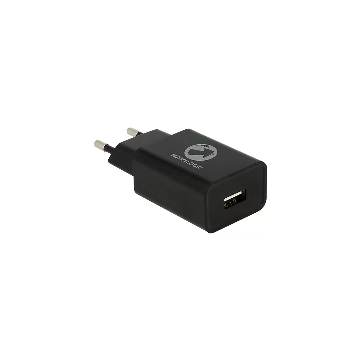 Schwarzes USB-Netzteil von Navilock mit Eurostecker vor weißem Hintergrund.
