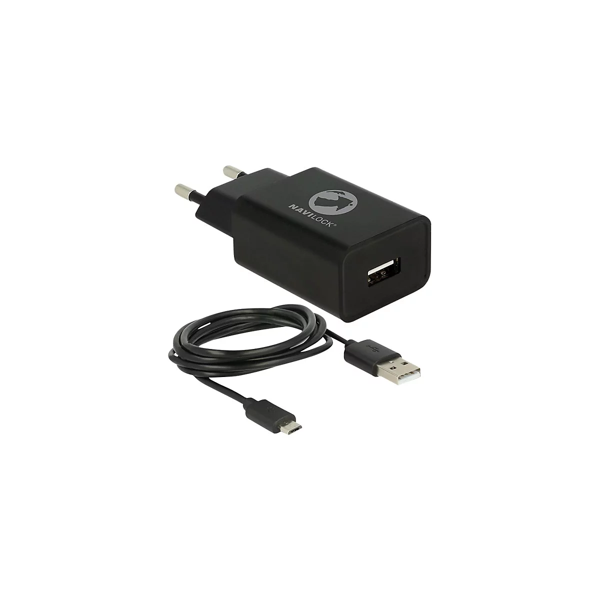 Schwarzes Navilock USB-Netzteil mit dazugehörigem USB-Kabel vor weißem Hintergrund.