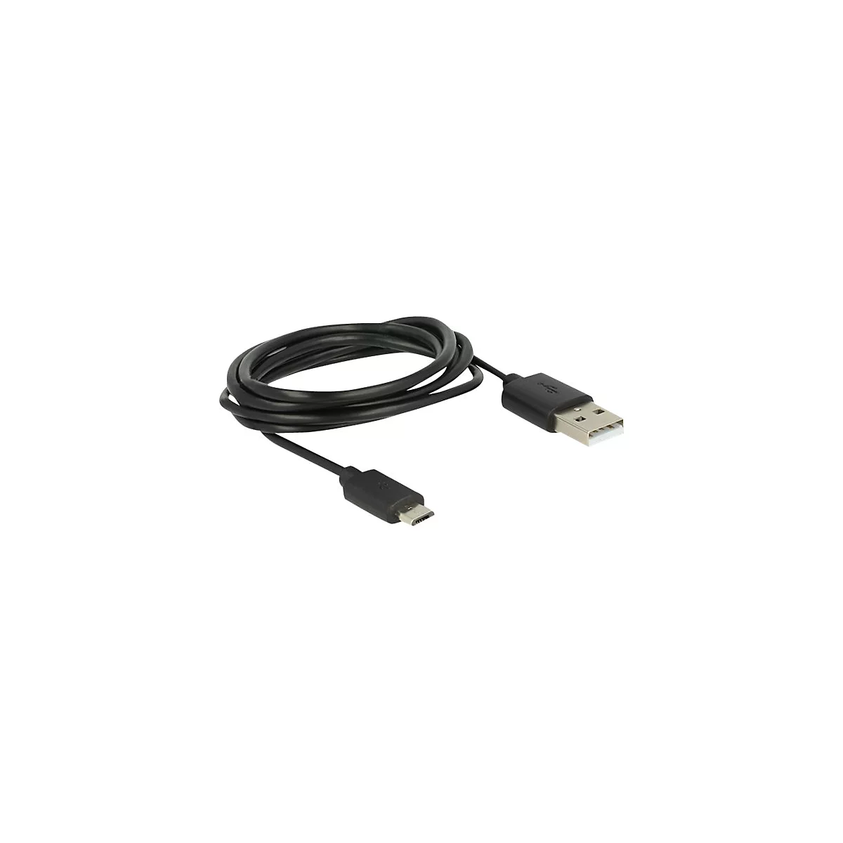 Schwarzes USB-A auf Micro-USB-Kabel zusammengerollt vor weißem Hintergrund.