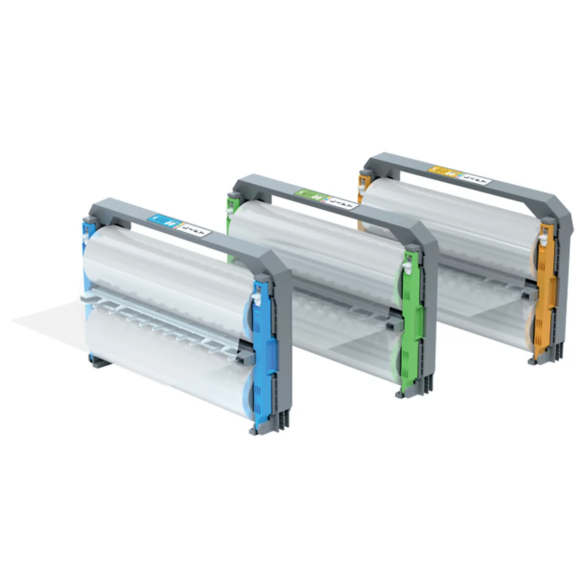 Drie transparante foliedispensers met blauwe, groene en oranje elementen. Grijze handgrepen.