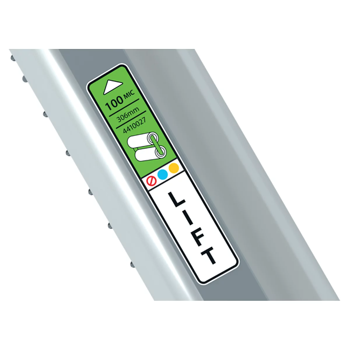 Close-up van een zilverkleurig metalen stuk met een rechthoekige sticker met de tekst "LIFT".