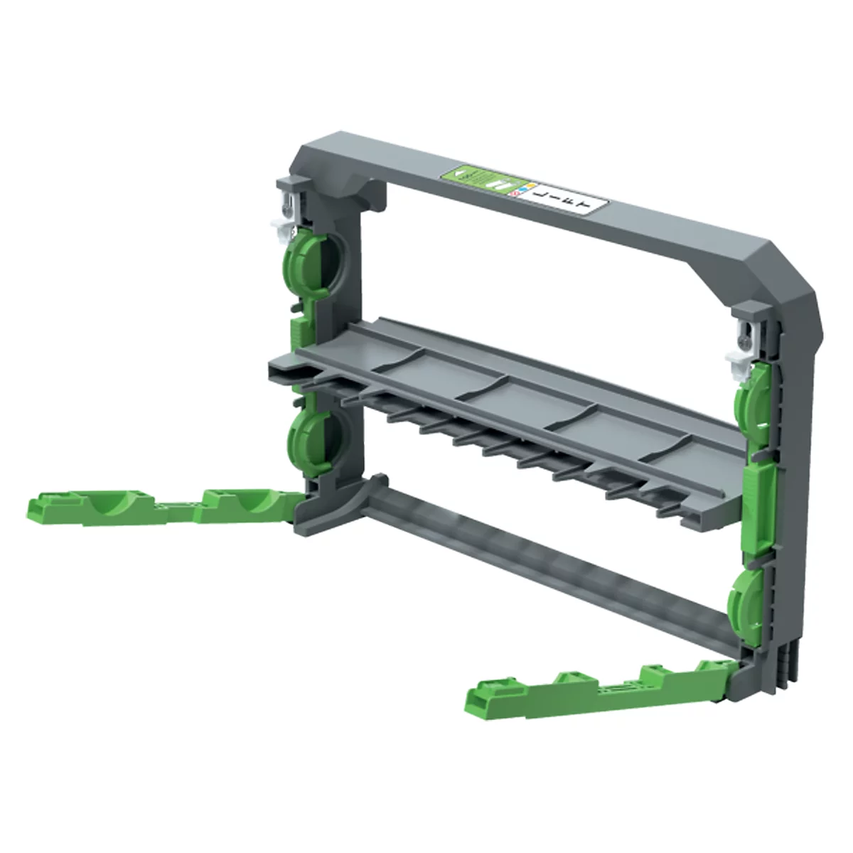 Grijze en groene gereedschapshouder op een witte achtergrond. Twee niveaus, groene klemmen, rollen, belettering.