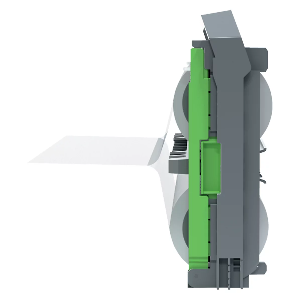 Grijs technisch apparaat met groene details, in profiel. Er is ook een wit, rechthoekig element dat uitsteekt.