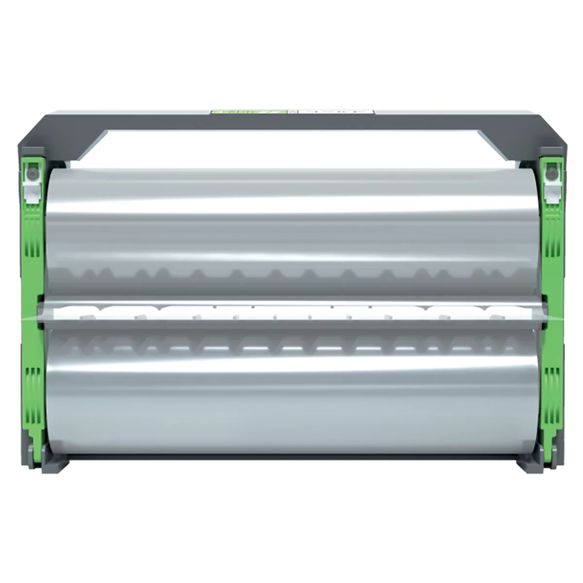 Apparaat met twee grote zilveren rollen, groene zijkanten en een grijze handgreep.