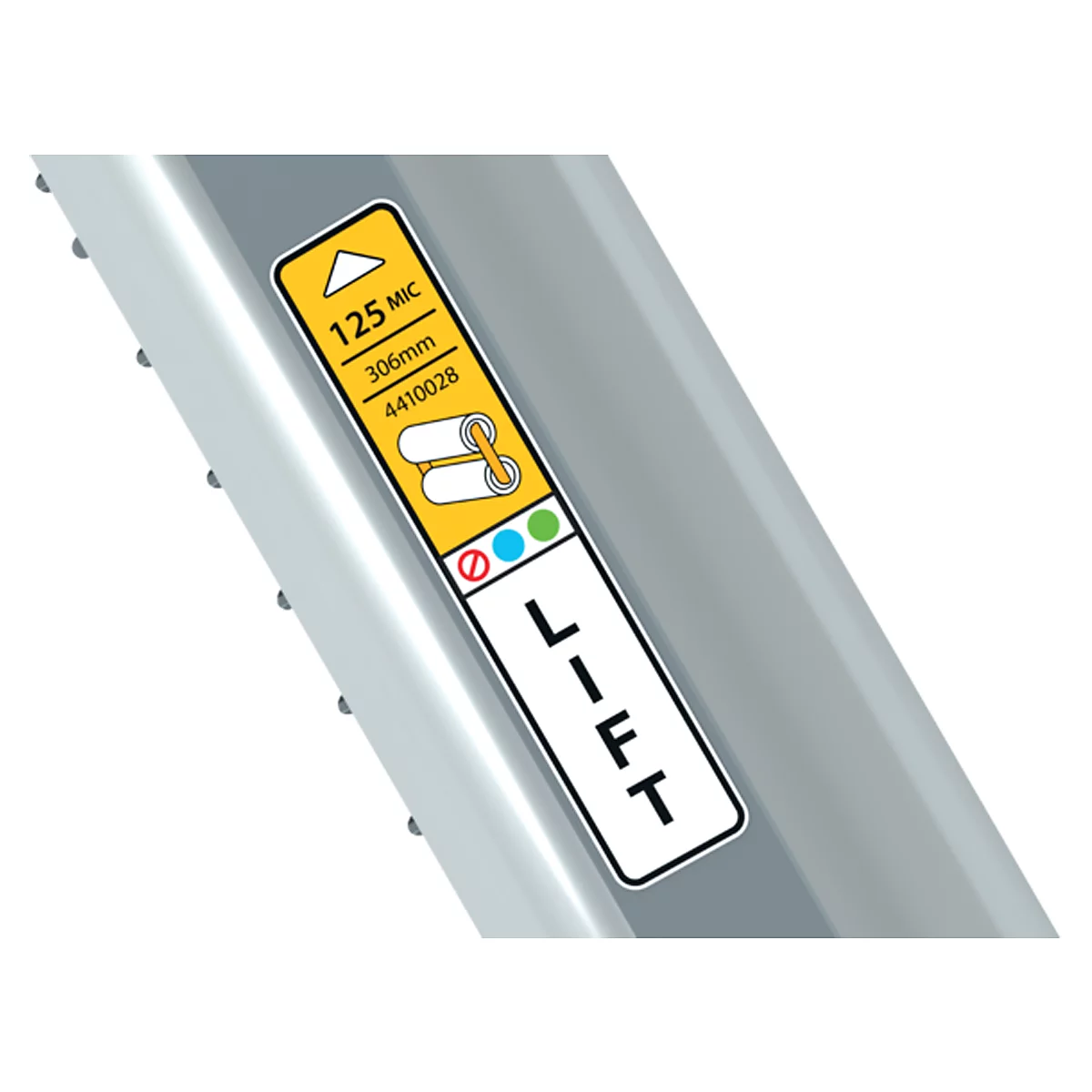 Detail van een bord met tekst en symbolen. Het bord toont "125 MIC", "306mm" en "4410028". Hieronder een mededeling met het woord "LIFT".