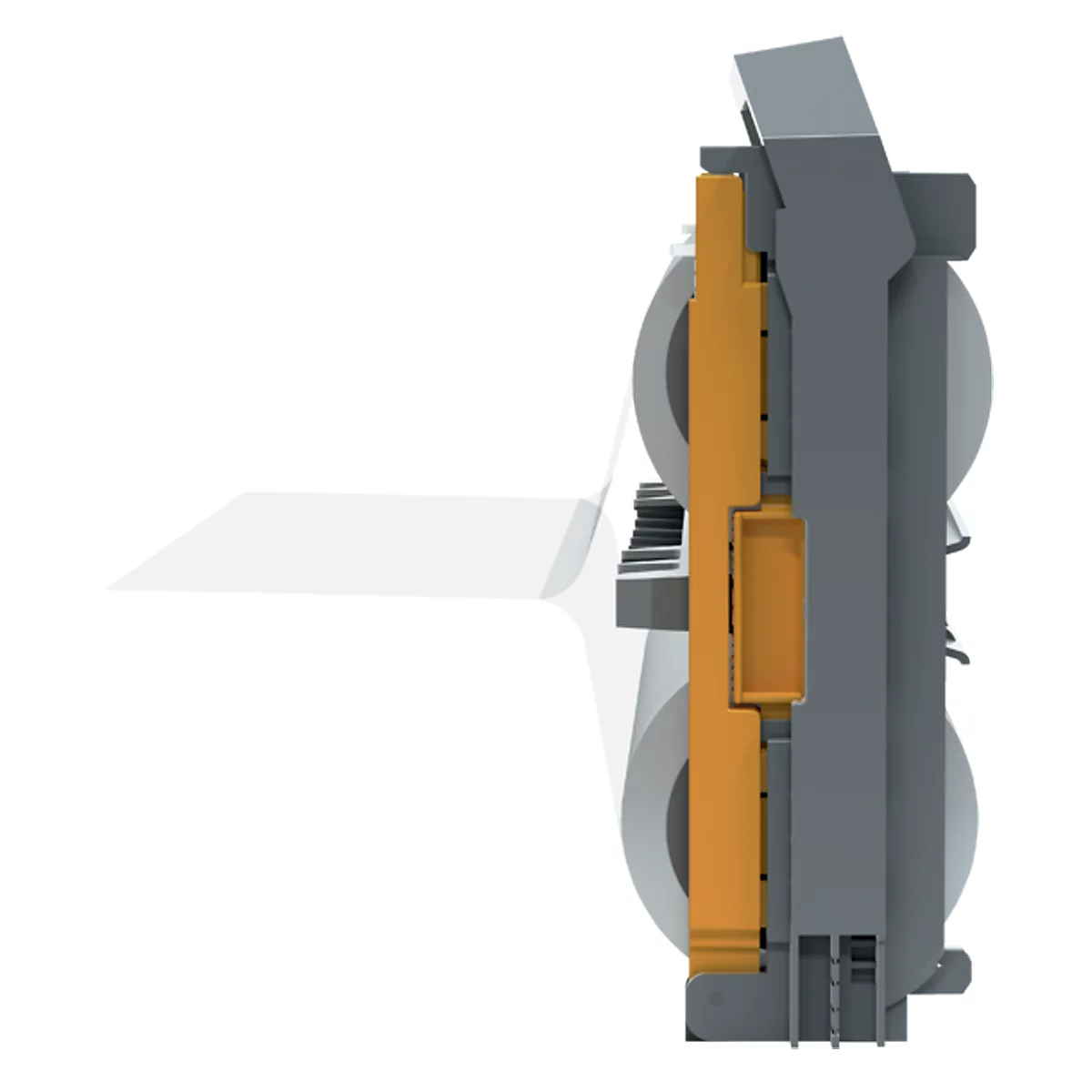 Zijaanzicht van een industriële machine, grijze structuur, oranje plaat.