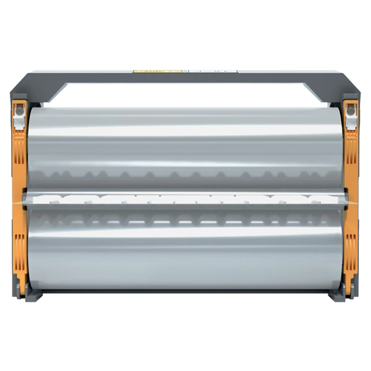 Grijze rolhouder met twee rollen. Oranje zijpanelen, grijze handgreep.