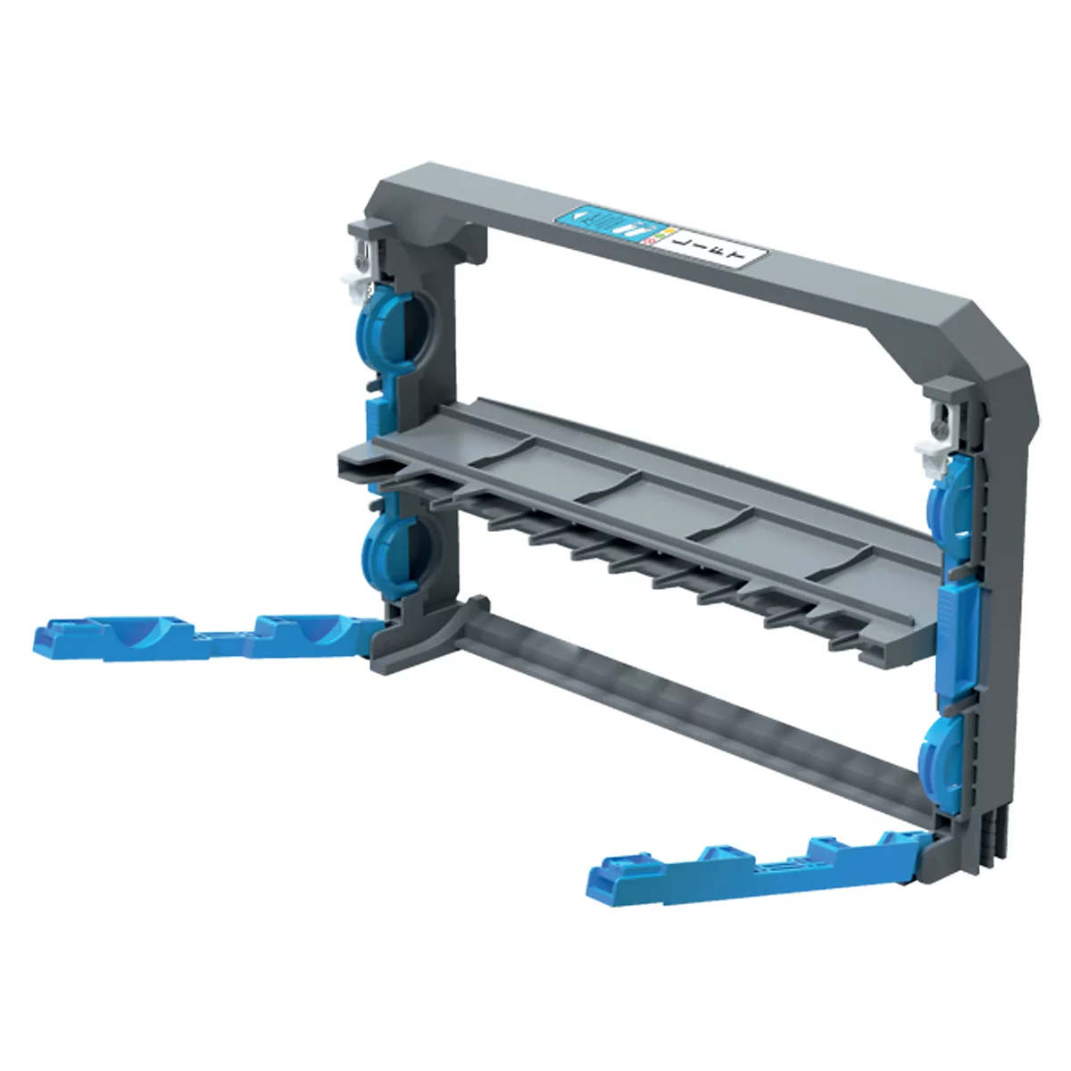 Grijze racebaanconstructie, blauwe elementen, hellingen. Opschrift in het bovenste gedeelte.