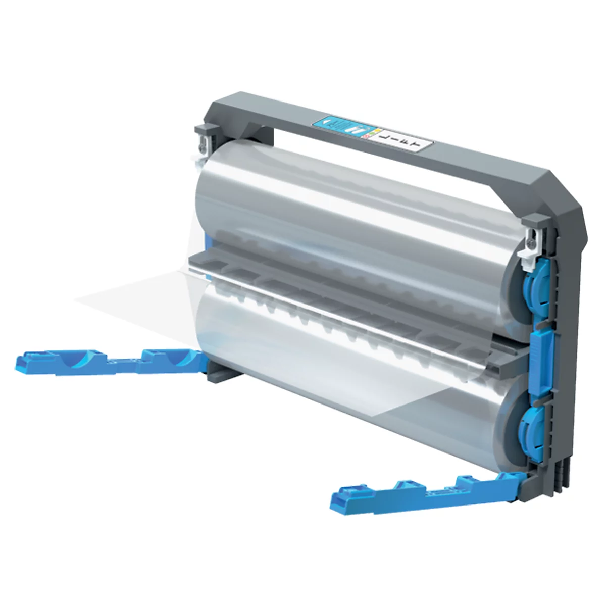 Grijze folieroller met blauwe houders, die folie afgeeft.
