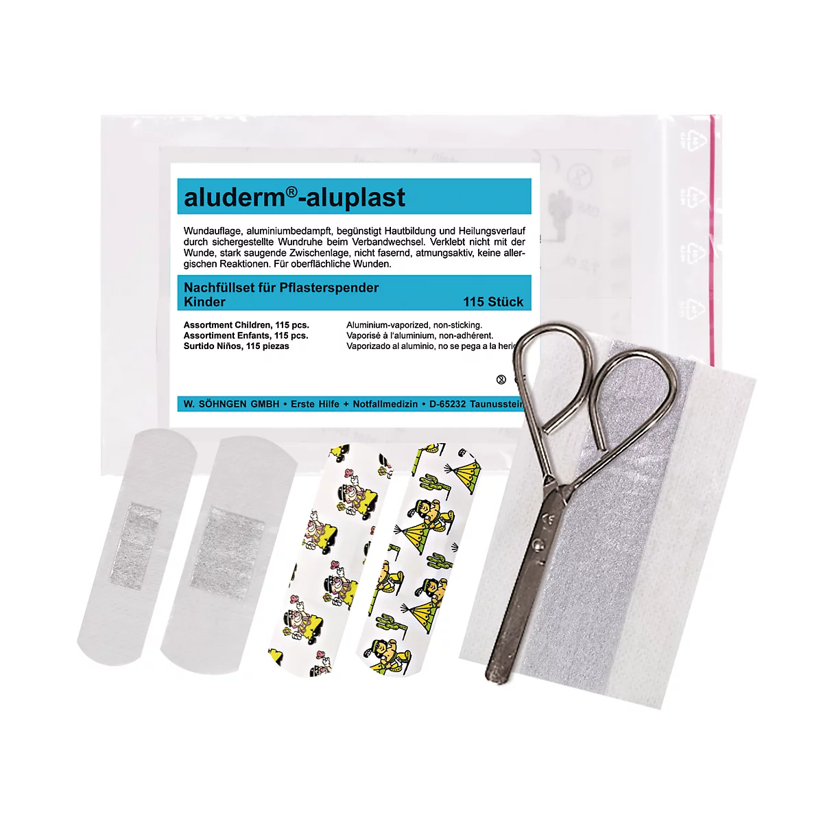 Navulset pleisters voor kinderen, met schaar en pleisters.
