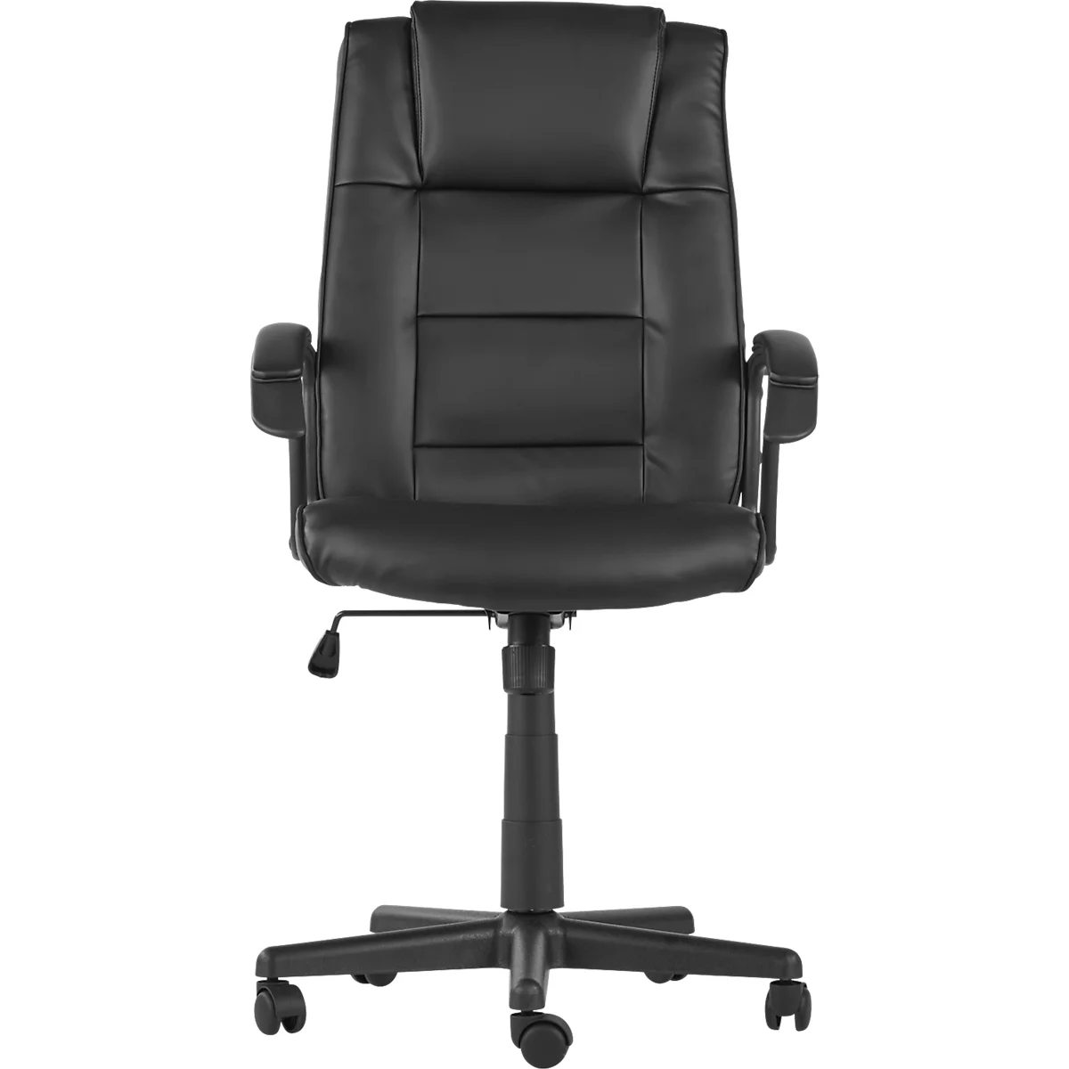 Black office chair with high back, armrests and wheels. The chair is made of imitation leather.