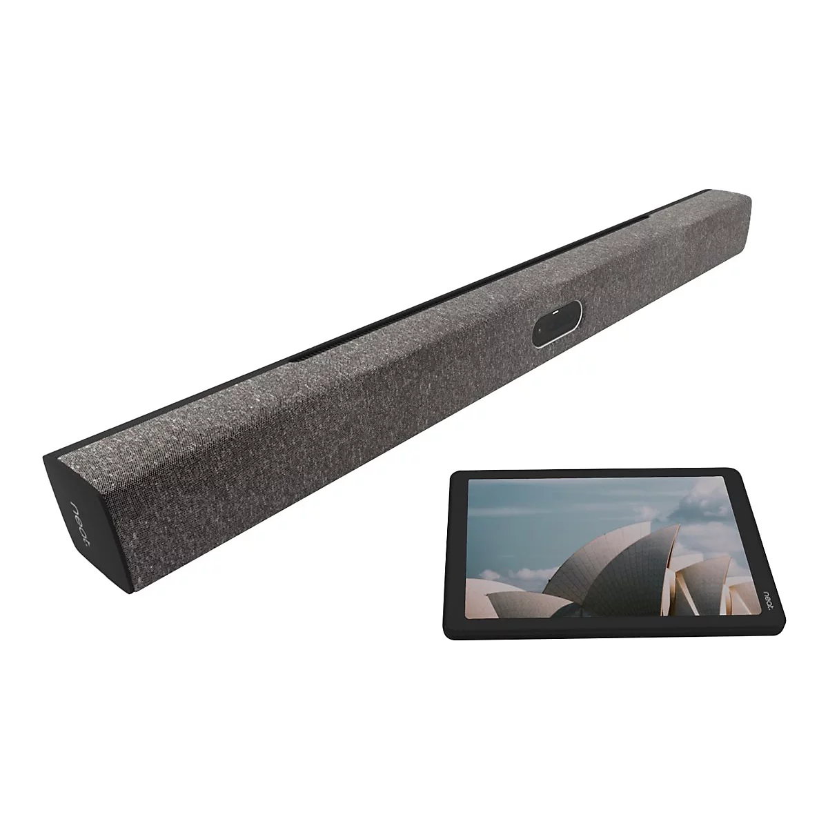 Grauer Soundbar, Tablet mit Bild von Opernhaus.
