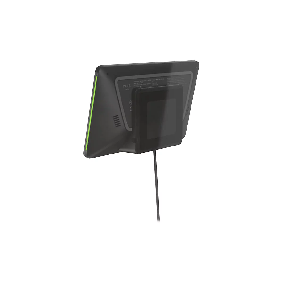 Schwarzes Tablet mit grünem Rand, Rückseite mit Halterung und Kabel, auf weißem Hintergrund.