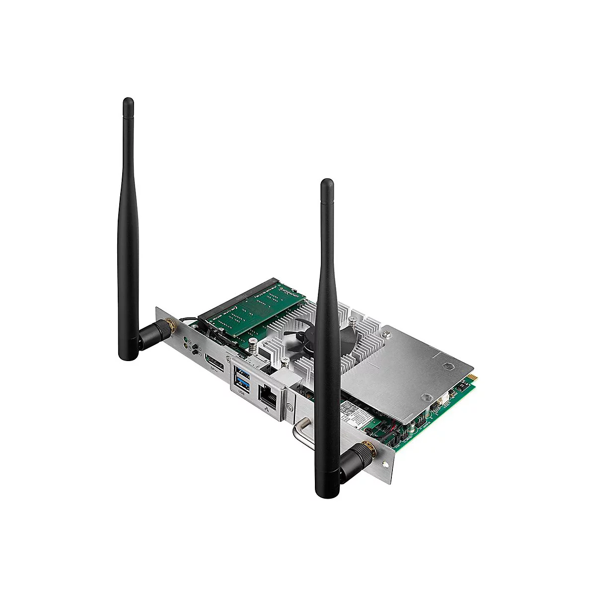 WLAN-Karte mit zwei schwarzen Antennen und Kühlkörper auf weißem Hintergrund.