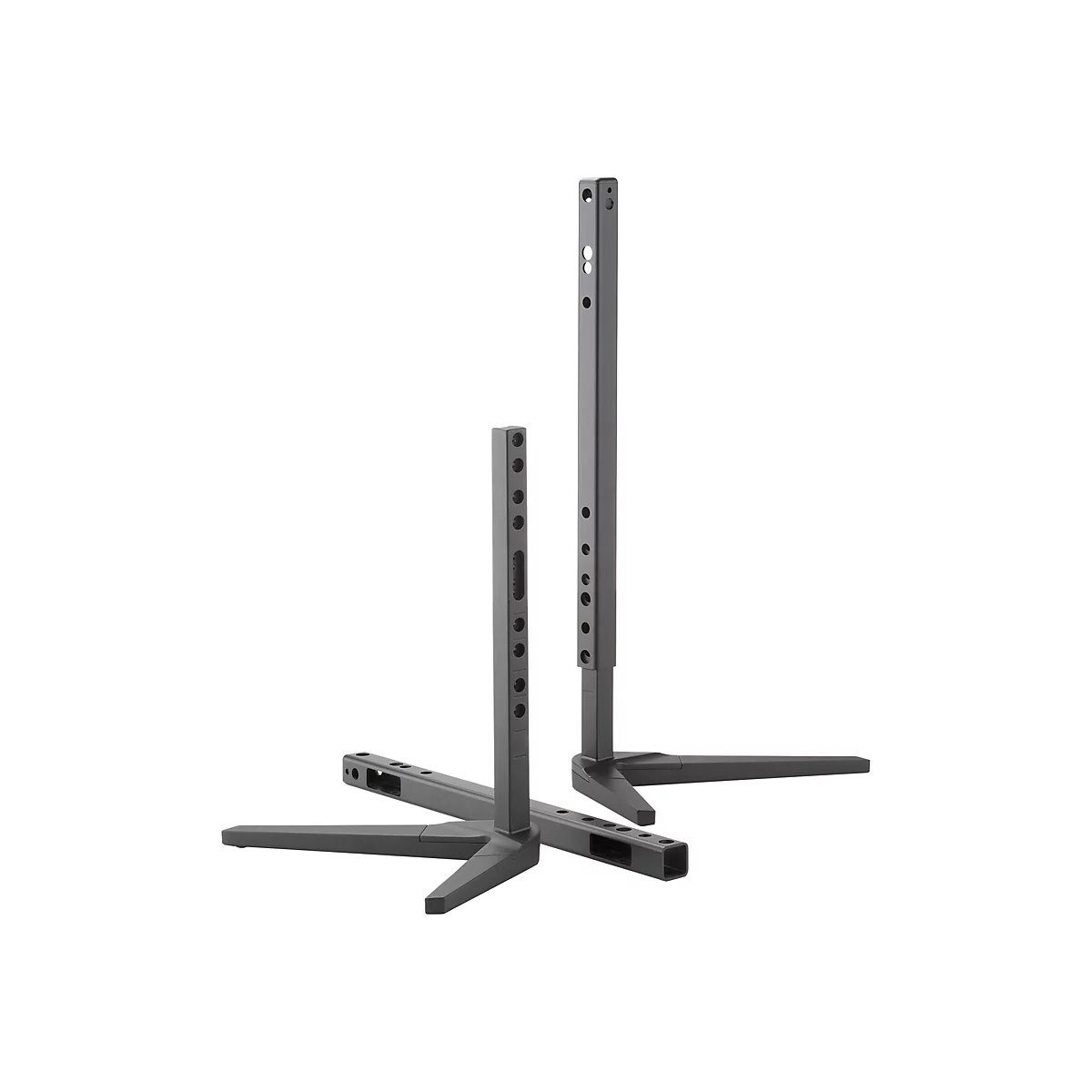 Grauer TV-Ständer mit zwei aufrechten Säulen und seitlich ausgestellten Füßen, vor weißem Hintergrund.