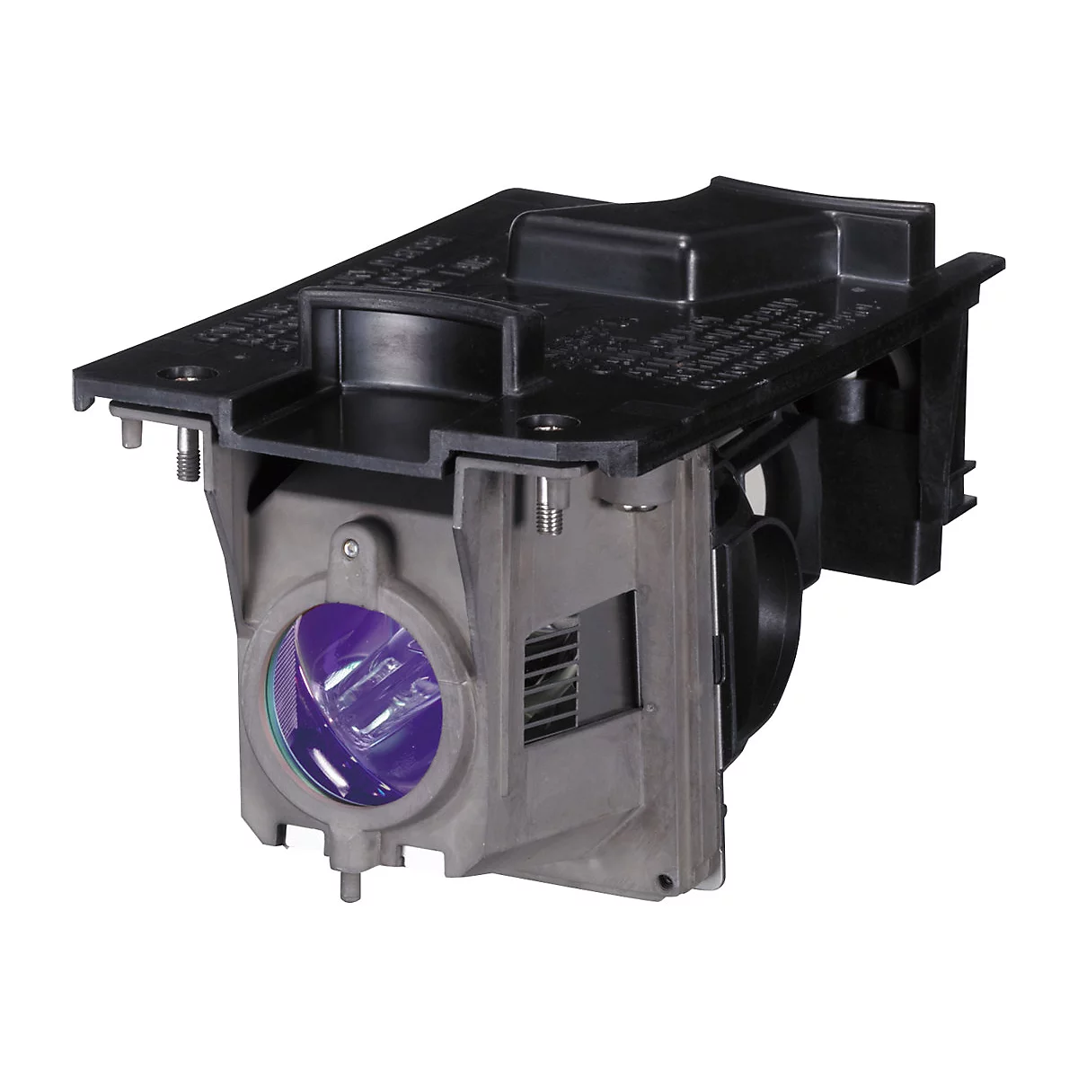 Detailaufnahme eines Projektor-Lampenmoduls. Schwarz-grau, mit lila Linse, Schrauben und Lüftungsschlitzen.