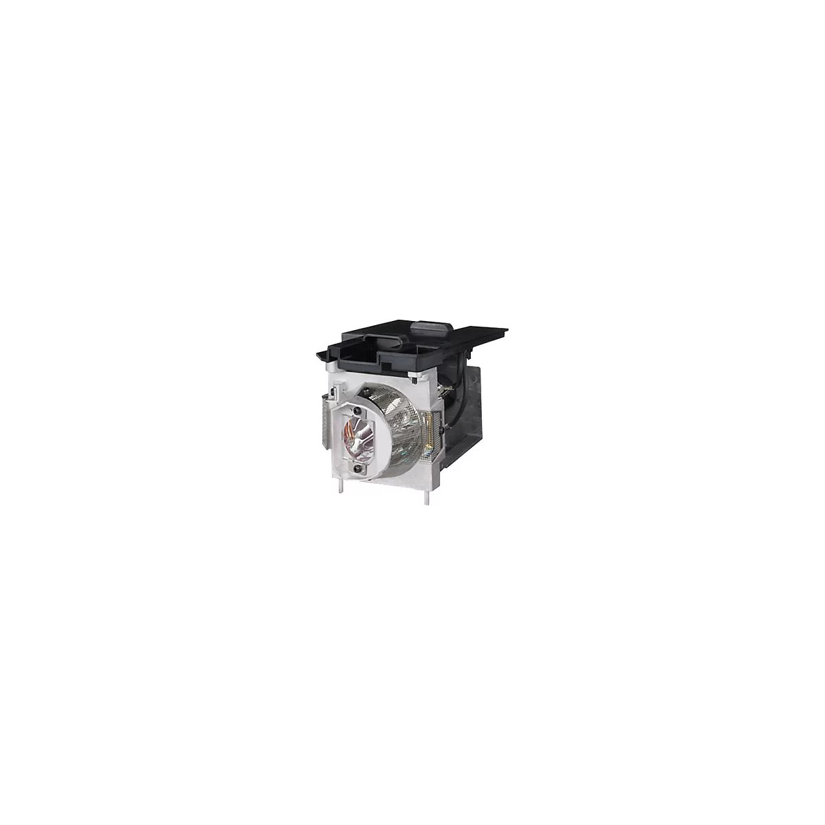 Nahaufnahme einer Projektorlampe mit Metallschutzgitter und schwarzem Kunststoffaufsatz.