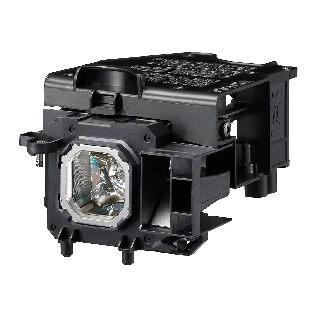 Detailaufnahme einer schwarzen Projektorlampe mit Metallrahmen und silberner Glühbirne.