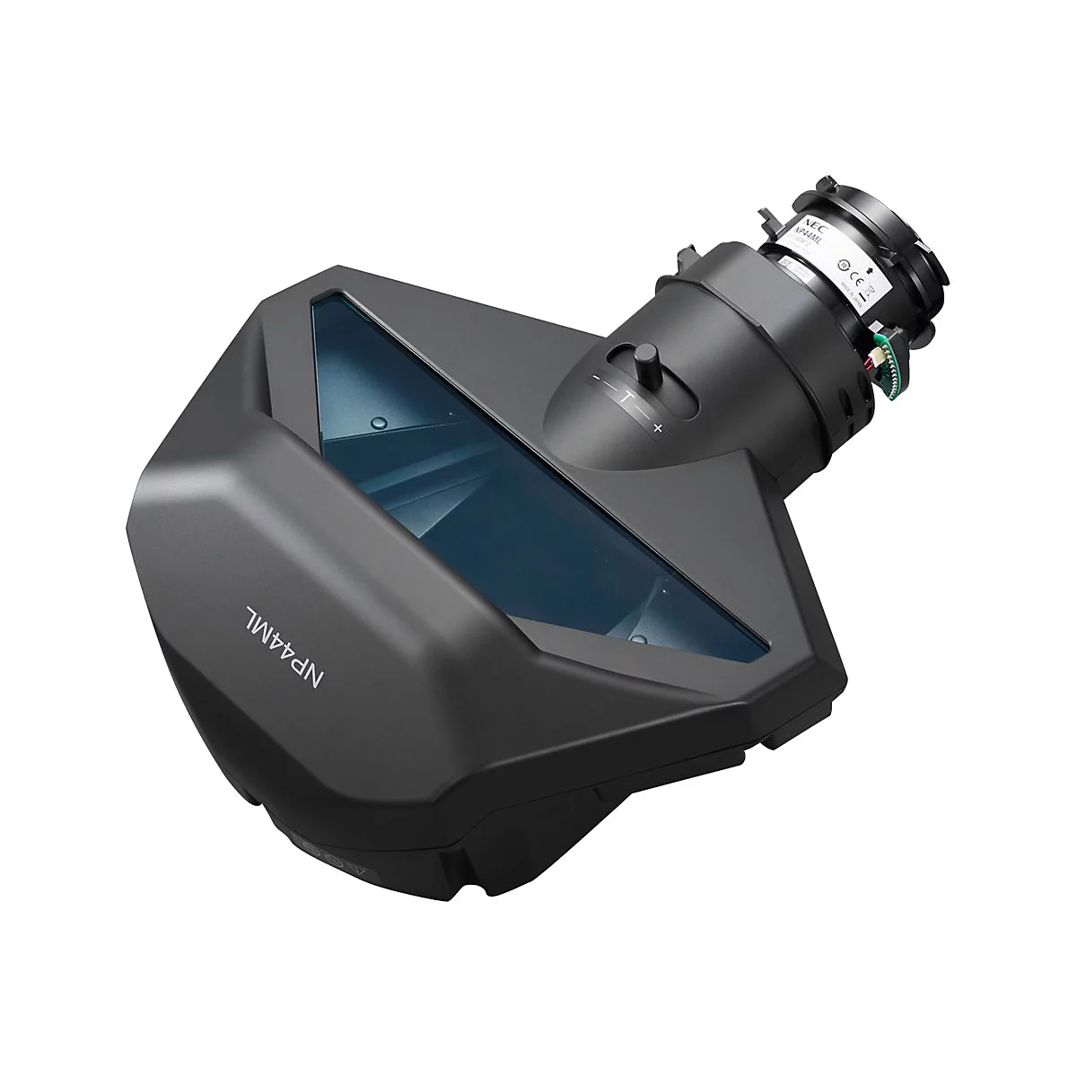 Ein schwarzes Objektiv mit dem Schriftzug NP44ML und der Marke NEC.