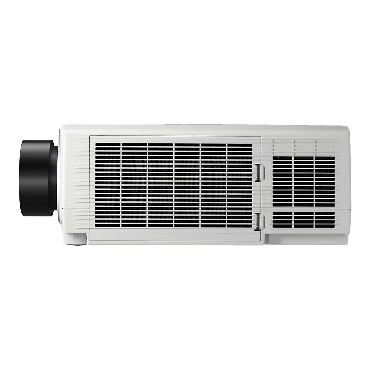 Ein weißer Projektor im Detail, mit schwarzem Objektiv, Lüftungsschlitzen und einem dezenten Logo.