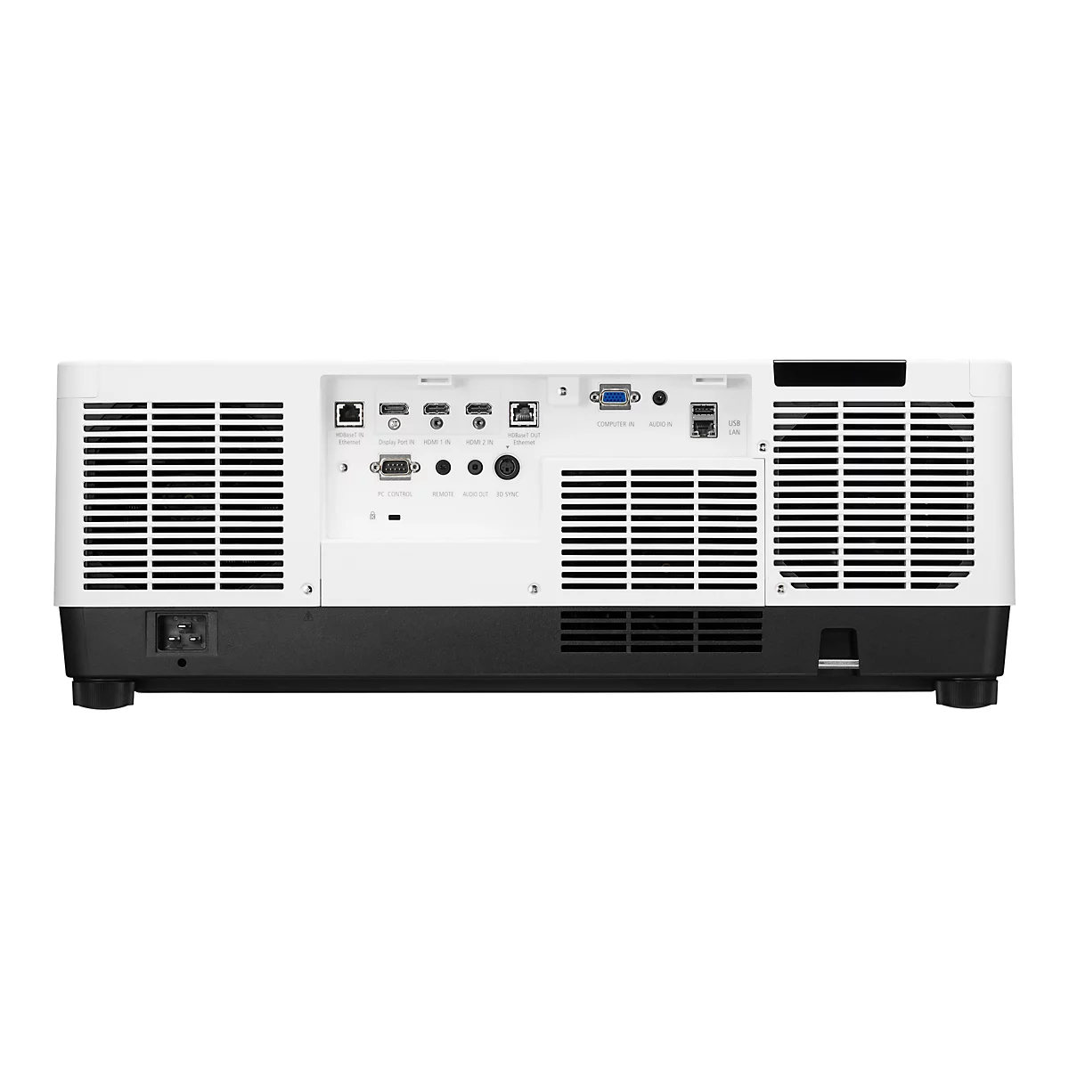 Rückseite eines Projektors mit Anschlüssen für Ethernet, HDMI, USB und Audio.