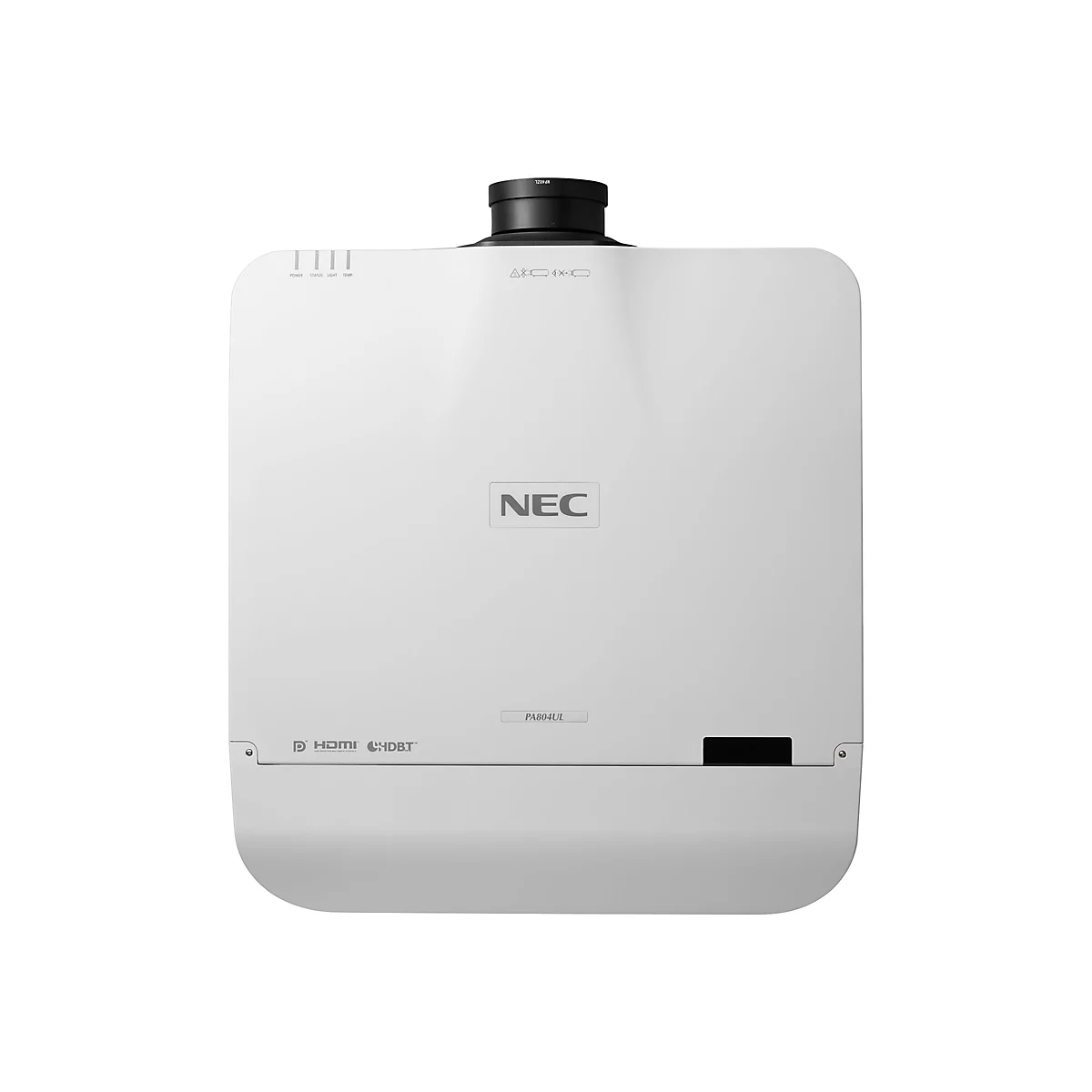 Weißer NEC-Projektor mit schwarzem Objektiv. Oben links sind Statusanzeigen. Auf der Vorderseite steht NEC.
