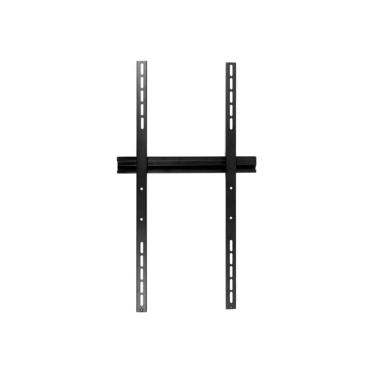 Schwarze TV-Halterung, in Form eines H mit Schraublöchern, vor weißem Hintergrund.
