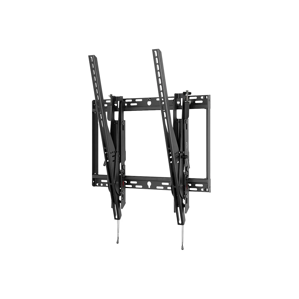 Schwarze TV-Wandhalterung, offen, Details von Löchern und Schrauben. Zwei vertikale Halterungen mit Seilen.