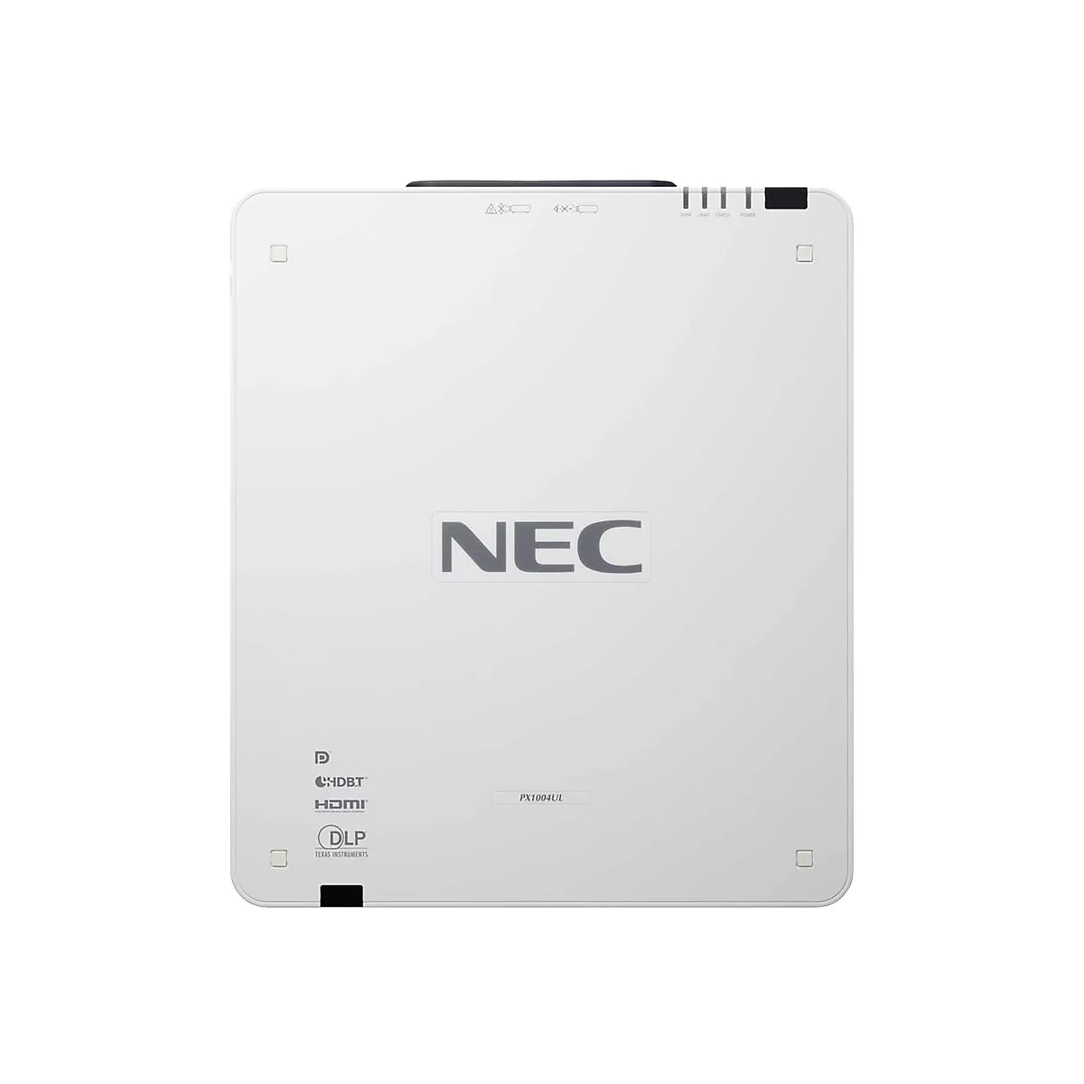 Weißer NEC-Projektor mit Logos und Beschriftungen. Der Projektor hat eine rechteckige Form mit abgerundeten Ecken.