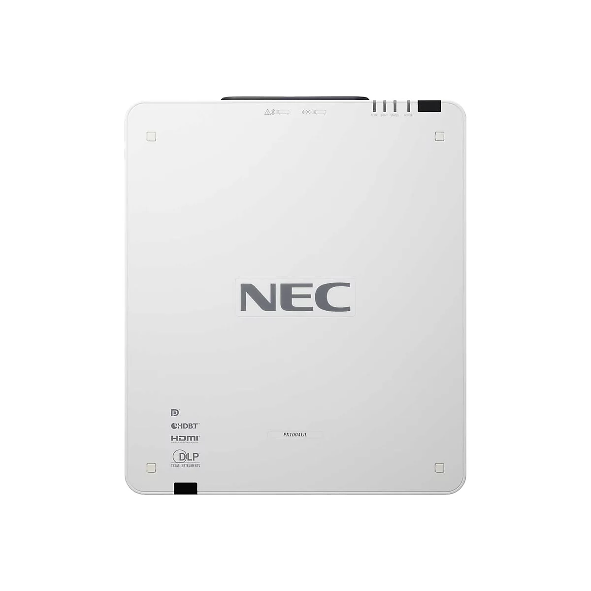 Weißer NEC-Projektor mit Logos und Anschlüssen. Oben: Leuchten, Status, Strom, Anschlüsse. Unten: HD, HDMI, DLP-Logo. Modell: PX1004UL.