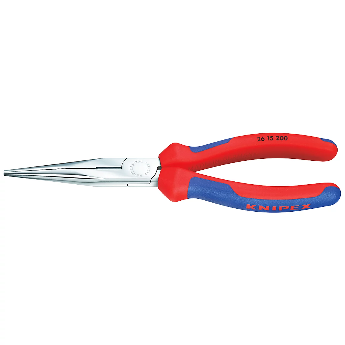 Needle-nose pliers with red and blue handles. The handle says "KNIPEX". The pliers head says "26 15 200".