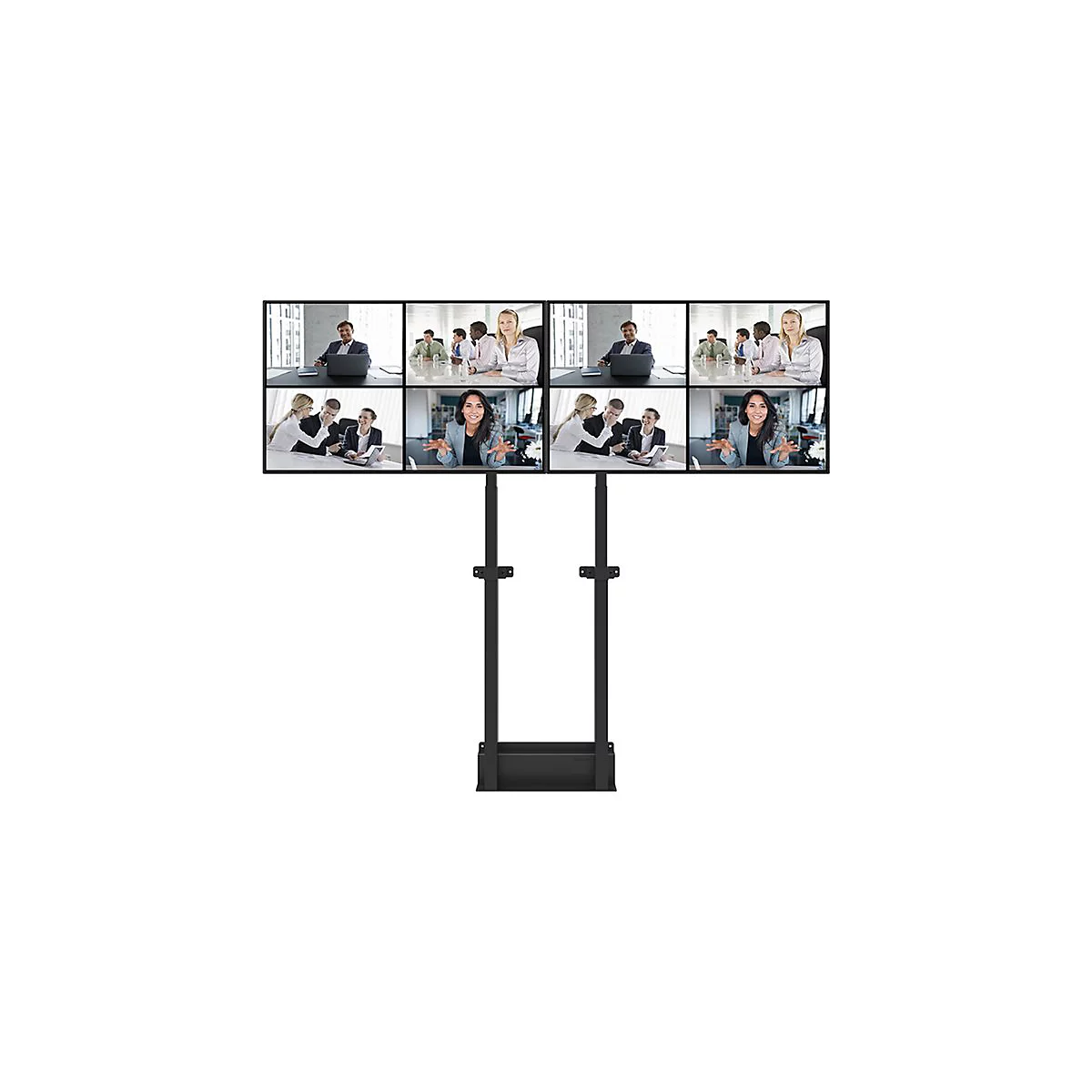 Video-Konferenz-Setup mit acht Bildschirmen, die von einer schwarzen Halterung getragen werden. Auf den Bildschirmen sind Teilnehmer verschiedener Meetings zu sehen.
