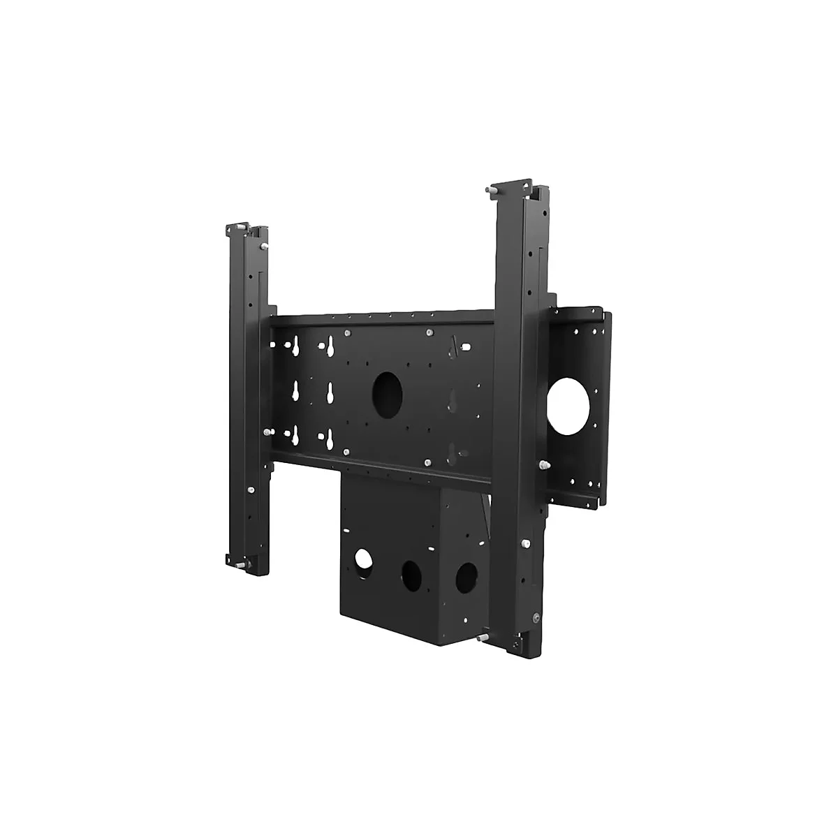 Schwarze, robuste Wandhalterung aus Metall für Displays mit vertikalen Schienen und mittigem Gehäuse.