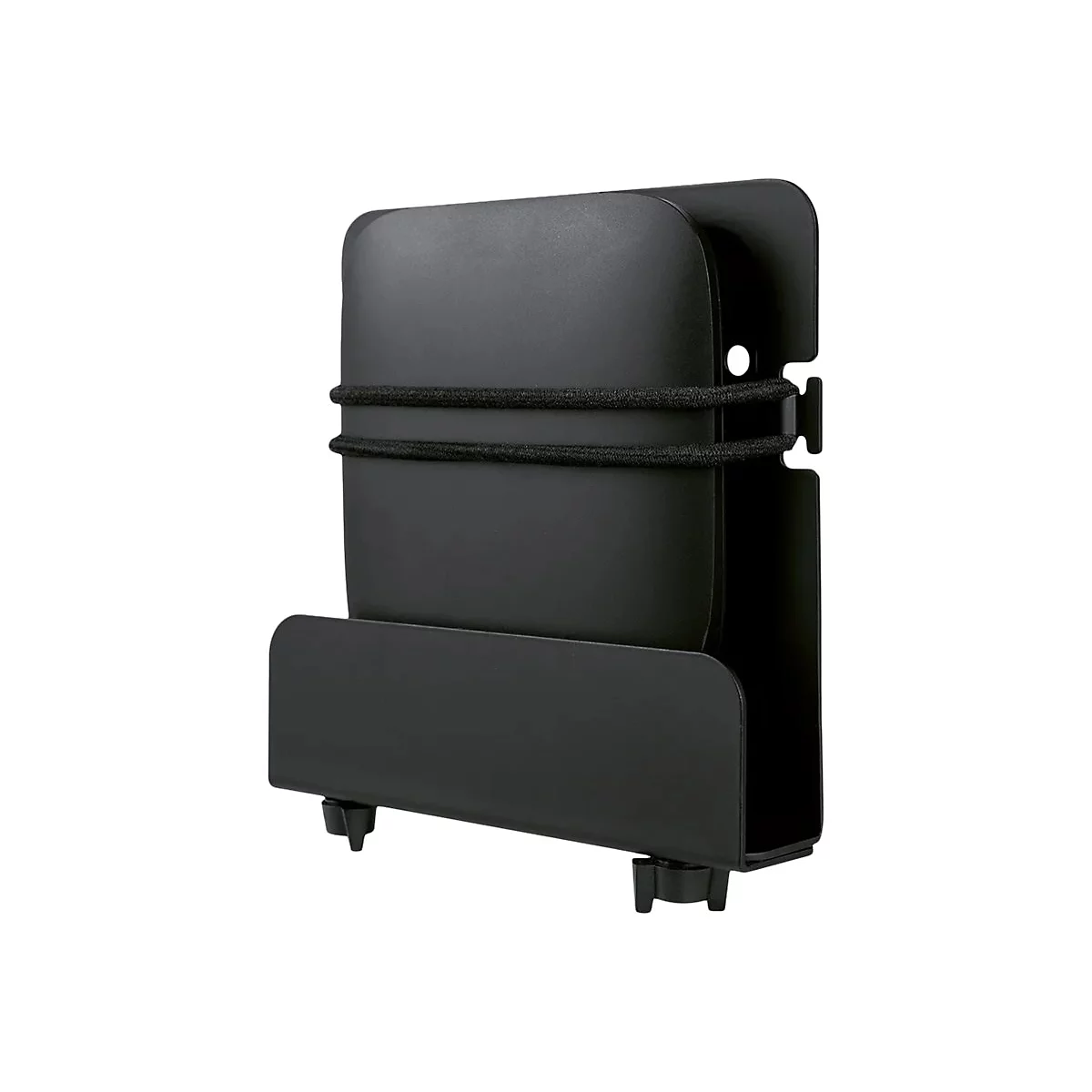 Schwarzer Zeitschriftenhalter mit Gummiband, Detailaufnahme.