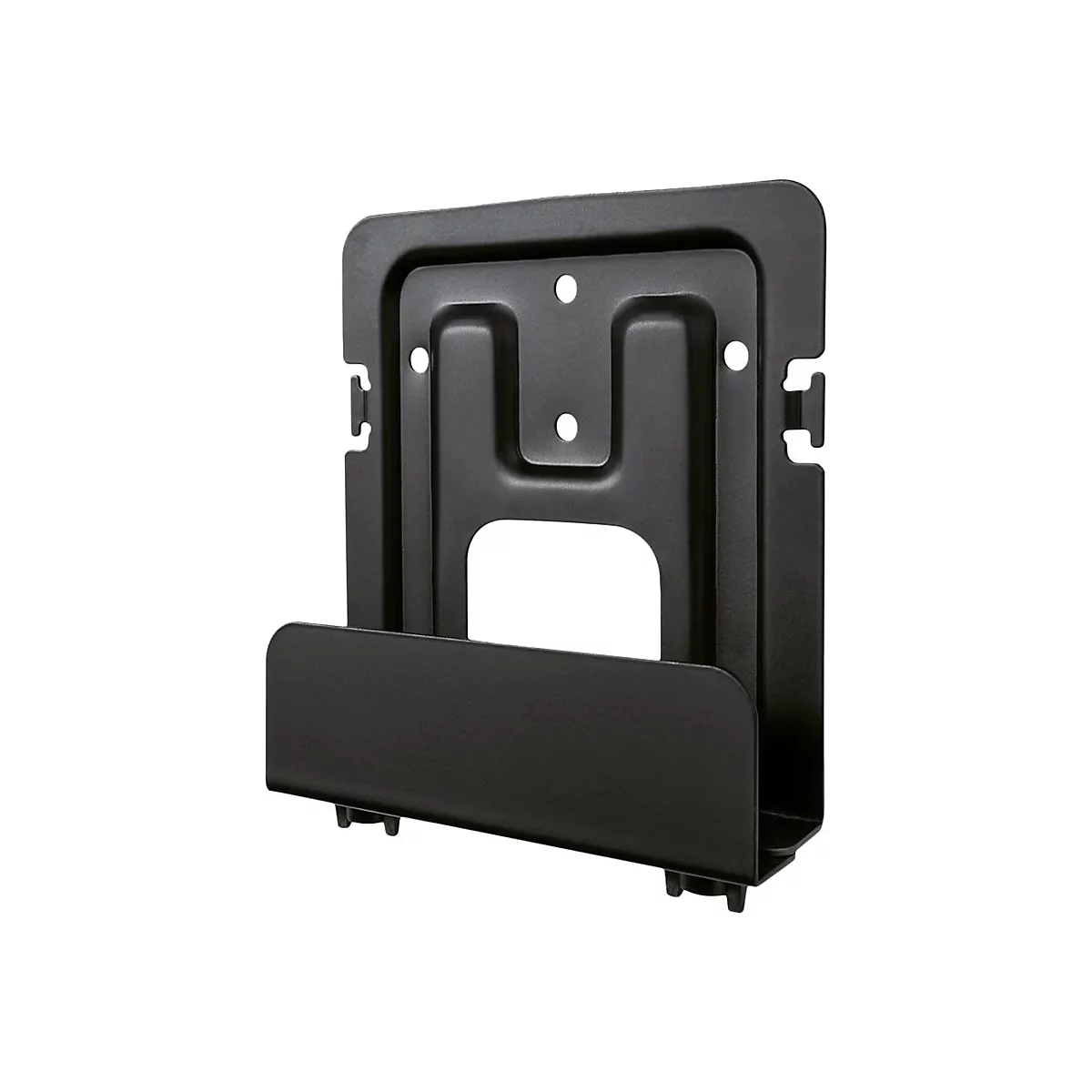 Schwarze Metallhalterung, mit rechteckiger Form und Aussparung in der Mitte, für eine Wandmontage.