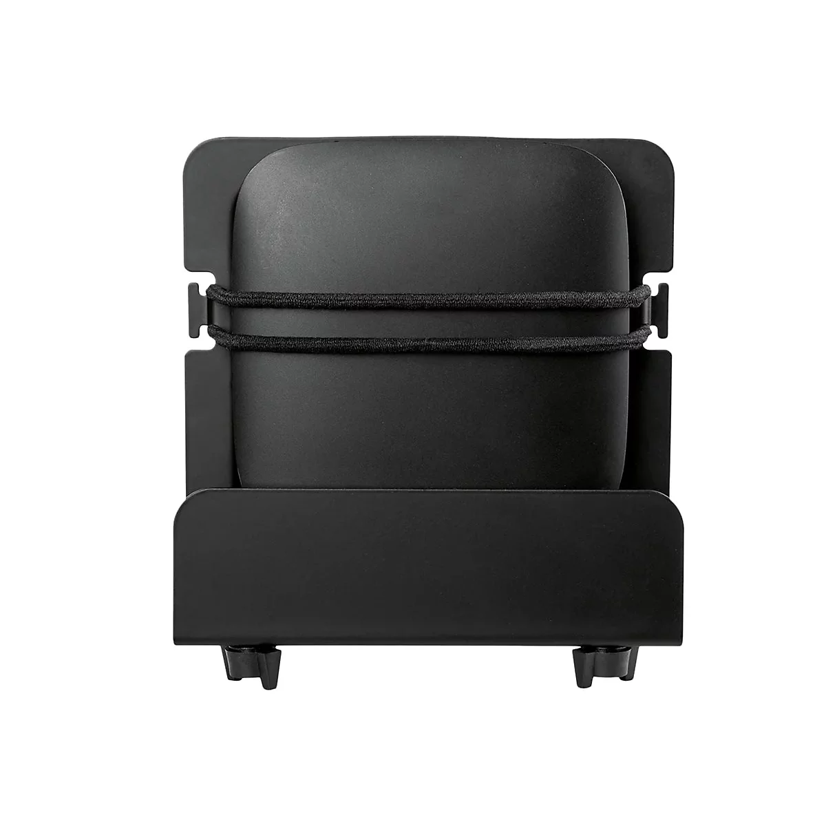 Schwarze Box in Halterung, von vorne, mit Gummiband.