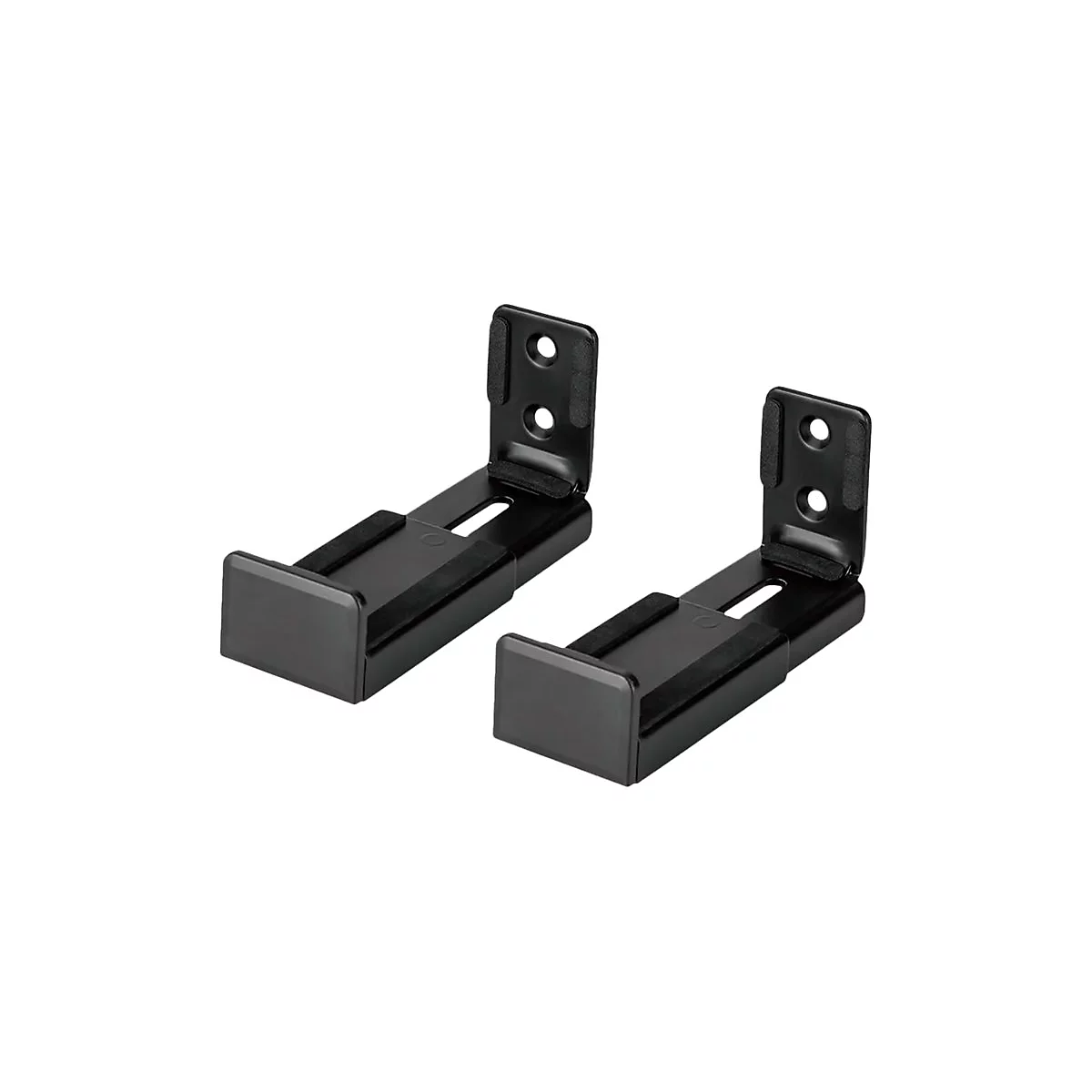 Zwei schwarze Lautsprecherhalterungen auf weißem Hintergrund.