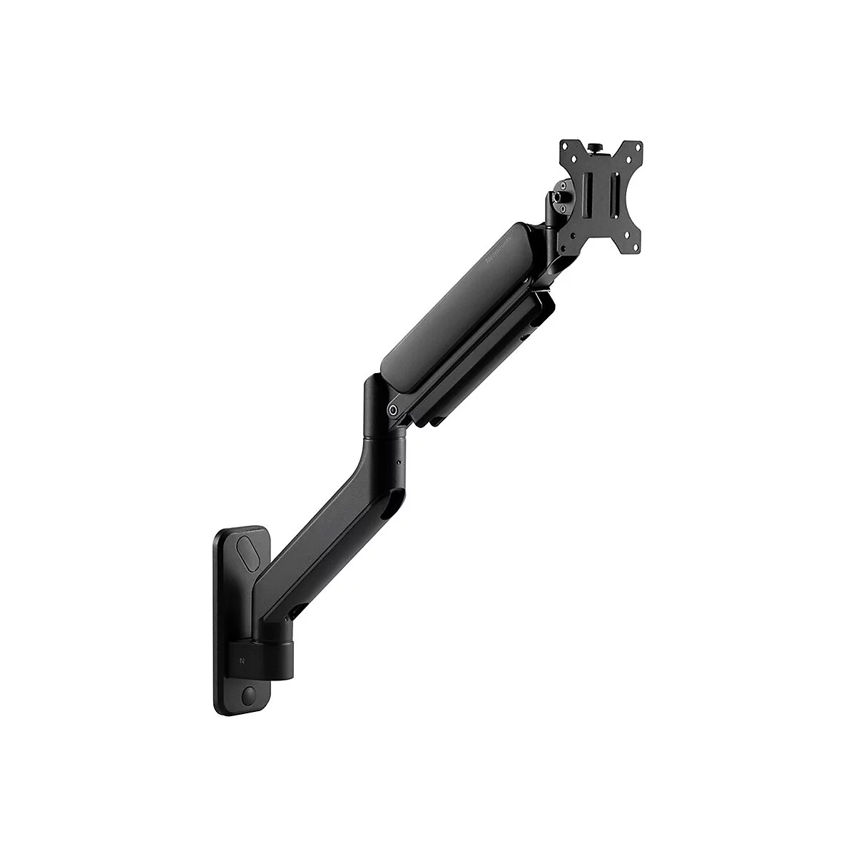 Schwarze Monitorhalterung zur Wandmontage, mit mehreren Gelenken und Halterung für den Monitor.