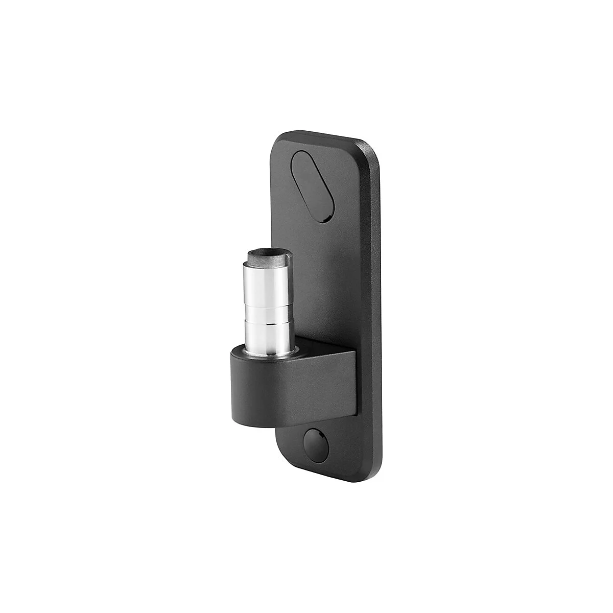 Schwarzes Scharnier mit Metallzylinder auf einer rechteckigen Halterung. Oben und unten sind runde Vertiefungen.