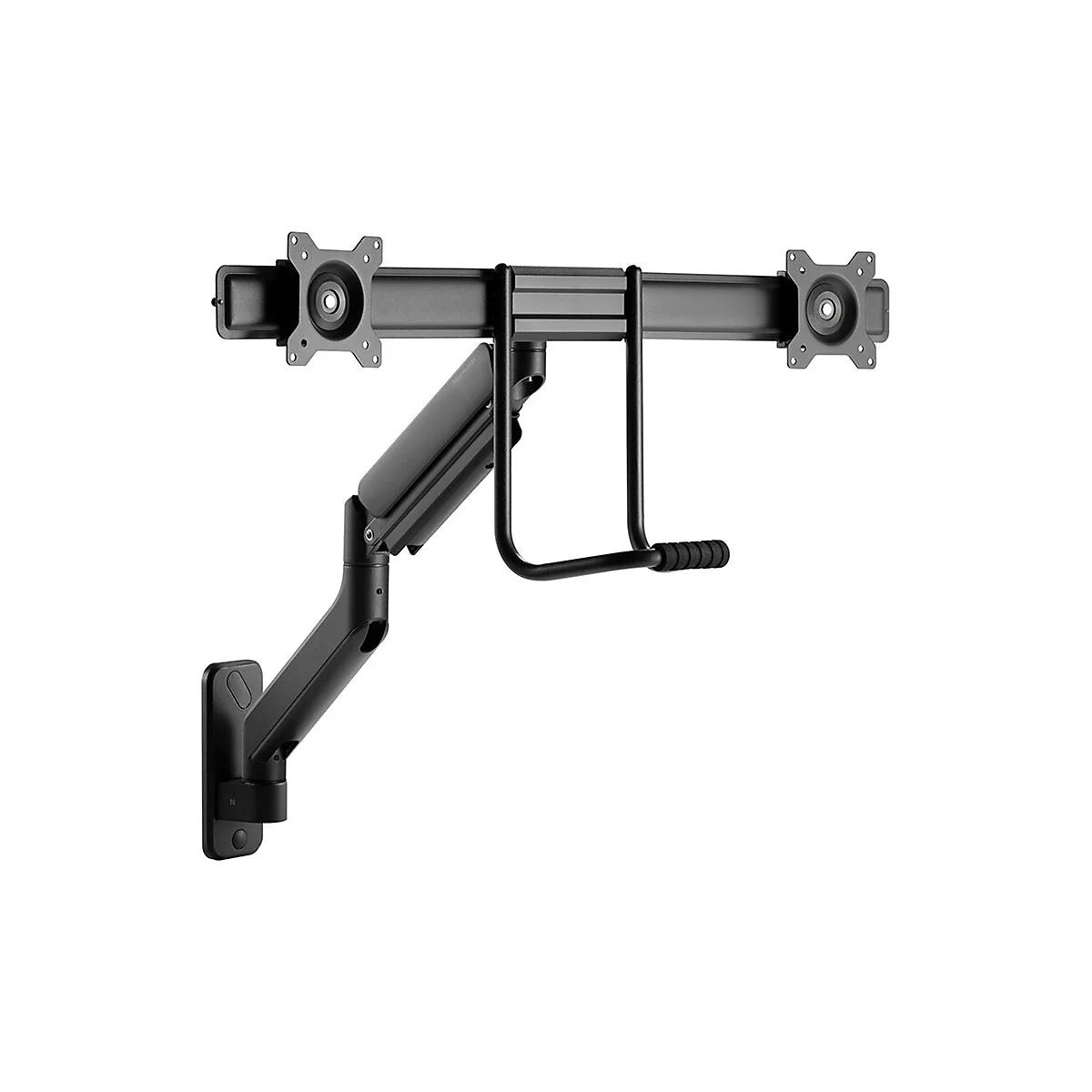 Schwarze Doppelmonitor-Halterung mit schwenkbaren Armen und Halterungen für Monitore, freigestellt vor weißem Hintergrund.