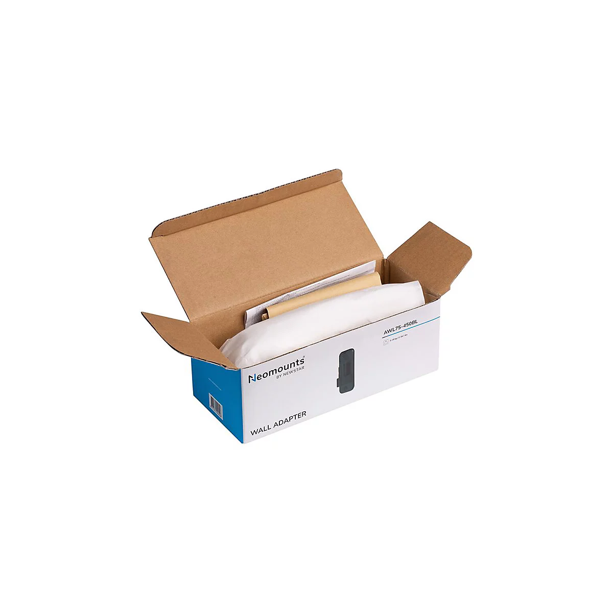 Geöffneter Versandkarton von Neomounts mit enthaltenem Wandadapter, weiß mit blauem Branding.