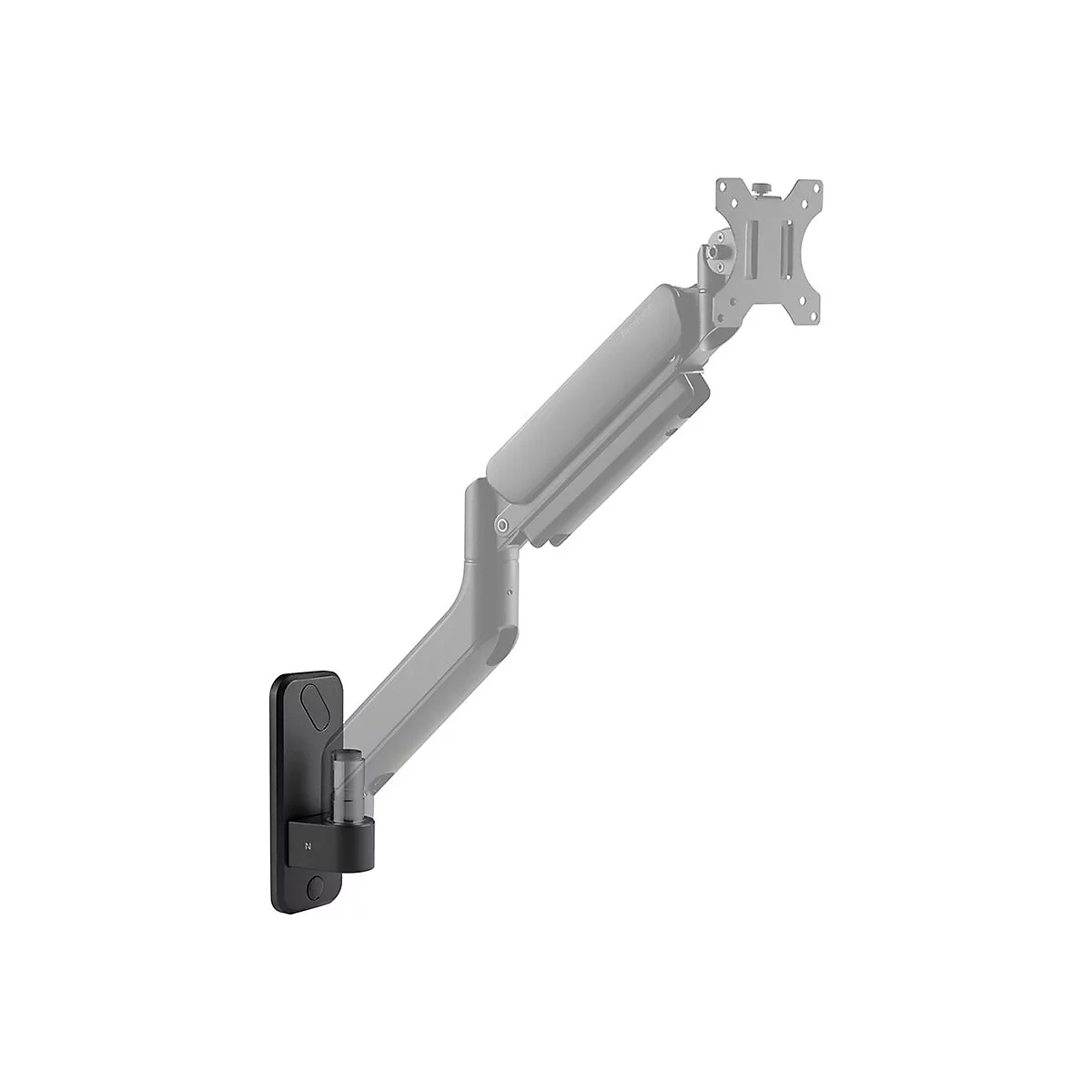 Monitorhalterung in Grau und Schwarz vor weißem Hintergrund.