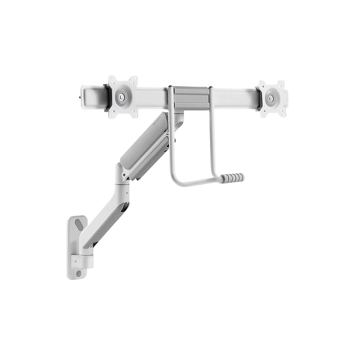 Weißer Monitorhalter für zwei Monitore mit Gasfederung und Wandbefestigung.
