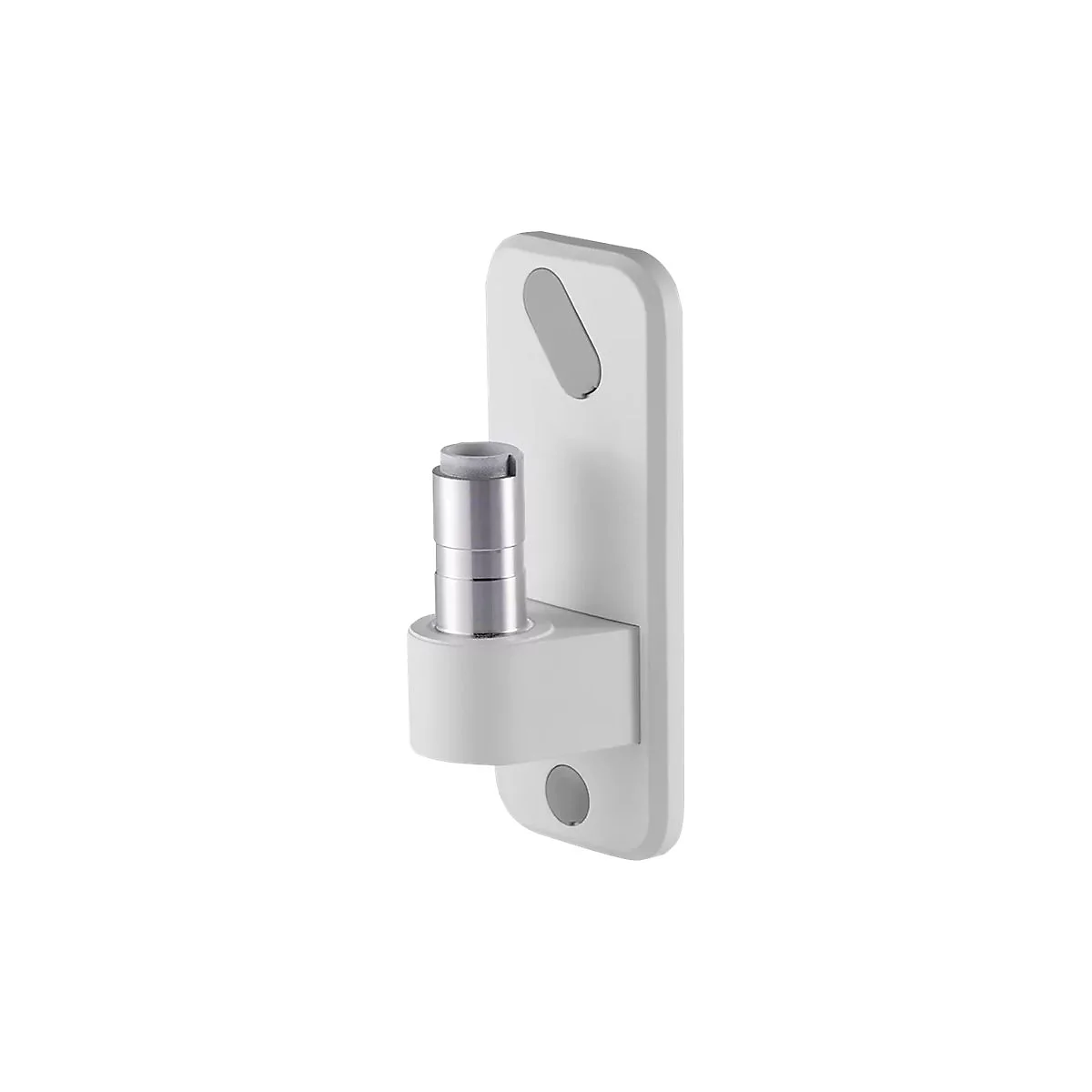 Detailaufnahme einer weißen Halterung mit silbernem zylindrischen Element.