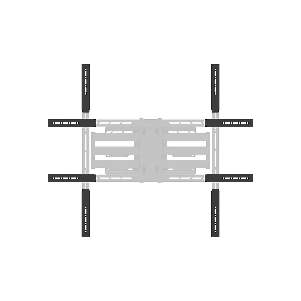 Schwarze TV-Halterung, bestehend aus Haltearmen und einem zentralen Mechanismus. Auf weißem Hintergrund.
